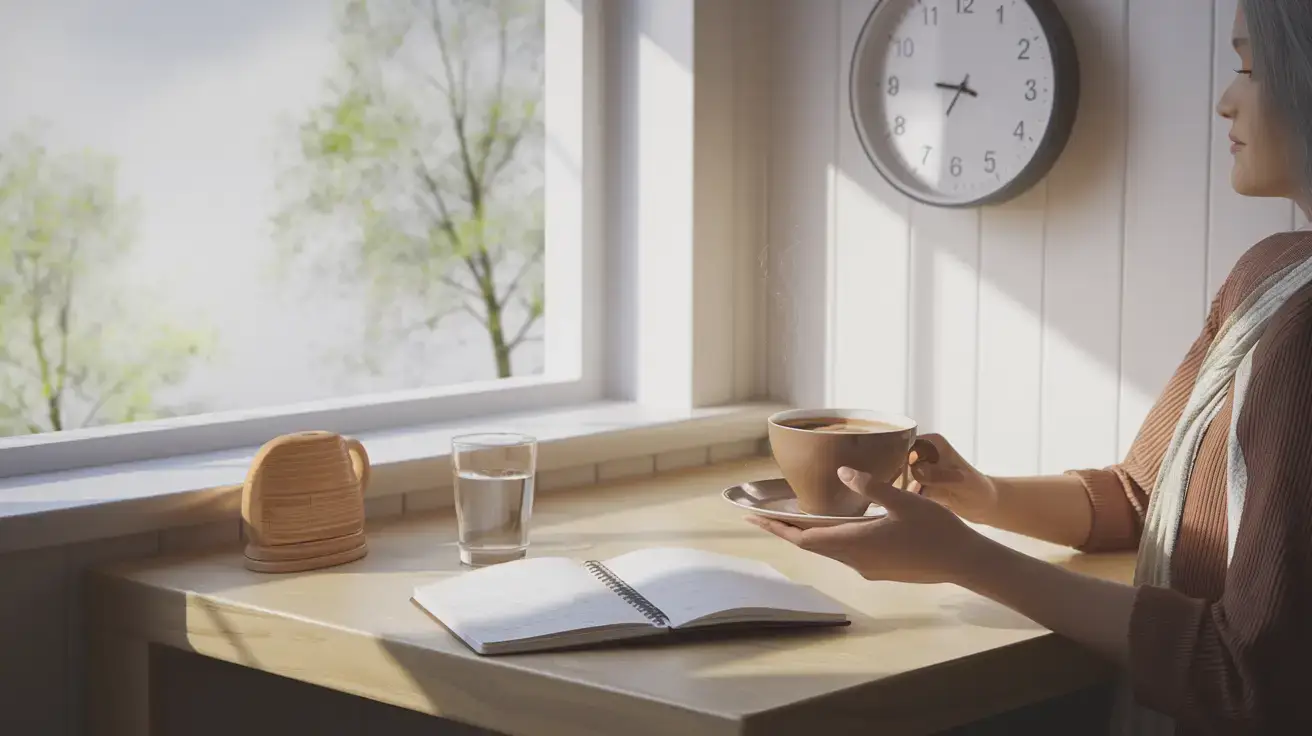 A woman sits at a sunlit table by a window, holding a cup and saucer. An open notebook, a glass of water, and a small wooden breadbox are on the table. A clock on the wall shows the time as 10:10. STG-Health