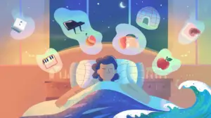 A person sleeps in bed under a colorful blanket at night, dream bubbles above their head showing various objects like a piano, apple, igloo, lock, dice, water, and a piano keyboard. Waves appear at the foot of the bed. STG-Health