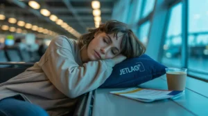 A weary traveler rests her head on a pillow labelled JETLAG at an airport terminal.