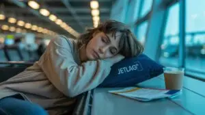 A woman rests her head on a pillow labeled JETLAG at an airport terminal, looking tired. A coffee cup and boarding passes sit on the table beside her. STG-Health