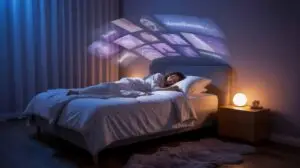 A person sleeps in a bed at night, with soft lighting and a round lamp on the nightstand. Virtual screens with various images and words are projected above, suggesting dreams or digital content. STG-Health