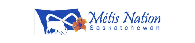 Logo of Métis Nation–Saskatchewan featuring a blue and white infinity flag, a white bison, an orange flower, and the text “Métis Nation Saskatchewan” in blue and orange. STG-Health