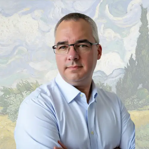 A man in glasses and a light blue shirt stands with arms crossed in front of a background resembling a Van Gogh-style landscape painting with swirling sky and trees. STG-Health