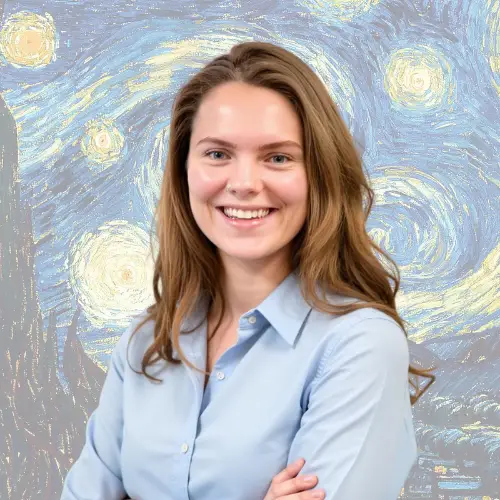 A woman with long brown hair, wearing a light blue shirt, stands smiling with arms crossed in front of a backdrop resembling Van Gogh’s Starry Night painting. STG-Health