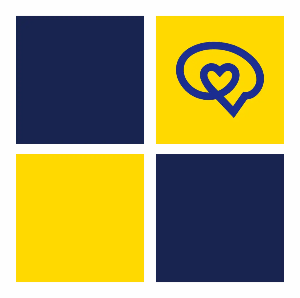 A grid of four squares: two are dark blue and two are yellow. The top right yellow square has a blue chat bubble icon with a heart inside. STG-Health