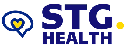 Logo for STG Health. The image features a blue chat bubble with a yellow heart inside, next to the bold text STG. in navy blue, with a yellow dot, above the word HEALTH in blue capital letters. STG-Health