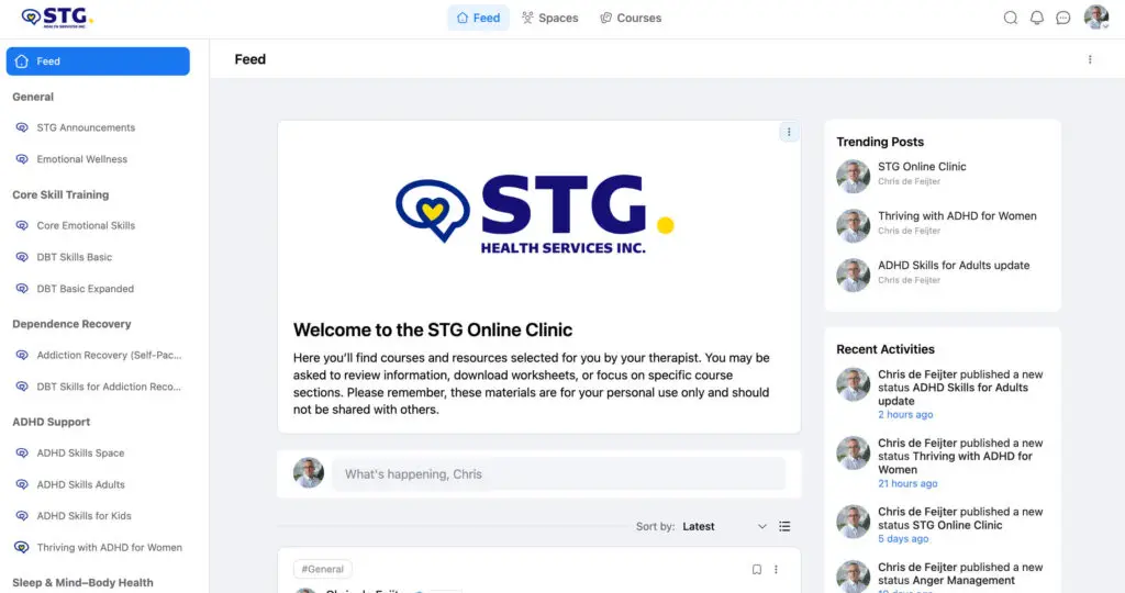 Screenshot of an online clinic dashboard for STG Health Services Inc., showing a welcome message, user menu on the left, feed in the center, and trending and recent activity panels on the right side. STG-Health