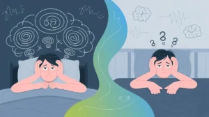 A split illustration of a person in bed, one side showing anxious swirling lines, the other question marks.