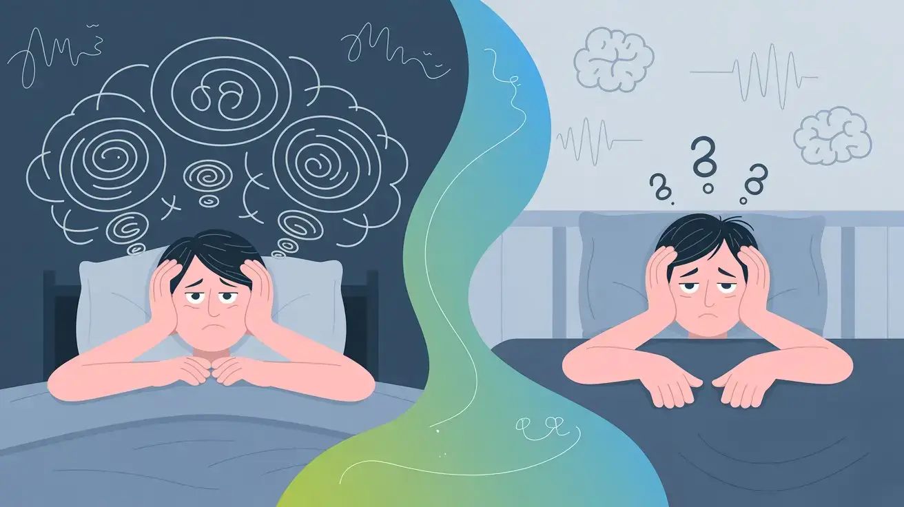 A split illustration shows a person in bed looking distressed, with swirling and jagged lines above their head on one side and question marks and confused symbols above their head on the other, representing anxiety and overthinking. STG-Health