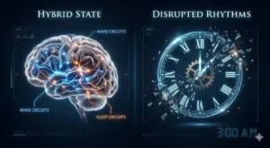 A glowing brain diagram labeled wake circuits and sleep circuits beside a shattered clock reading 3:00 A.M.