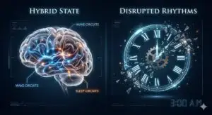 A glowing brain diagram labeled “wake circuits” and “sleep circuits” appears beside a large clock with shattered pieces, labeled “Hybrid State” and “Disrupted Rhythms,” with “3:00 A.M.” in the corner. STG-Health
