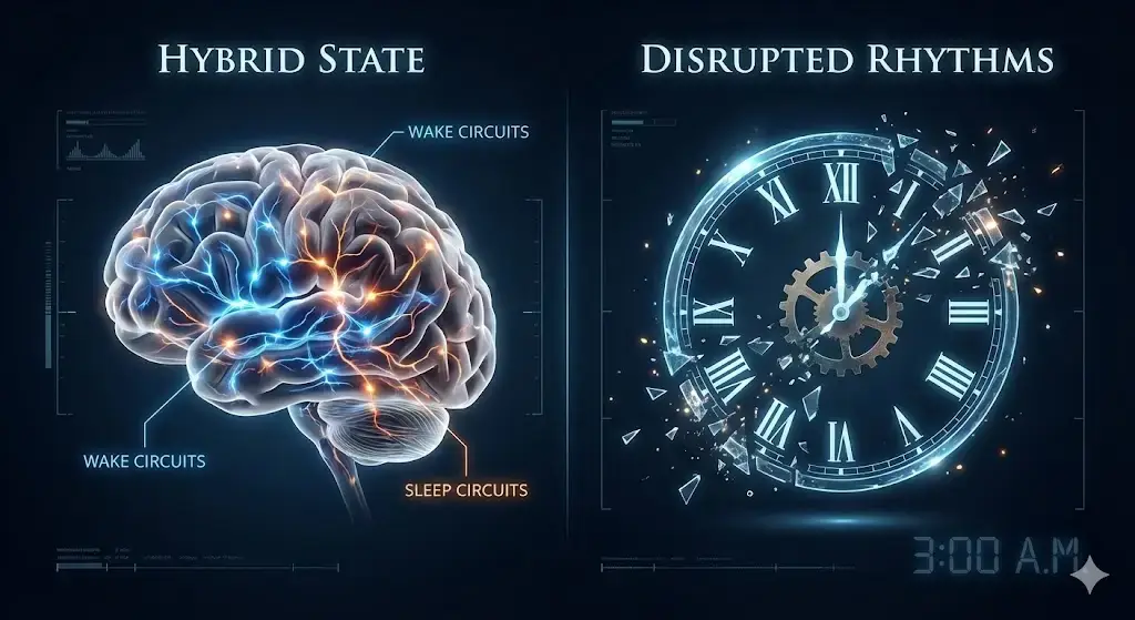 A glowing brain diagram labeled “wake circuits” and “sleep circuits” appears beside a large clock with shattered pieces, labeled “Hybrid State” and “Disrupted Rhythms,” with “3:00 A.M.” in the corner. STG-Health