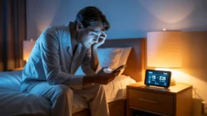 A man in pajamas sits on the edge of his bed at night, looking worriedly at his smartphone.