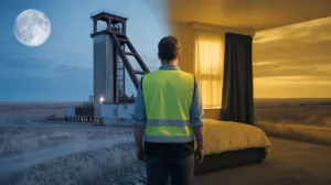 A shift worker in a reflective vest stands facing a bed, the room merging into a moonlit mining site.