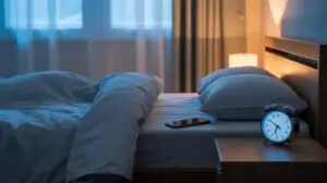 A cozy bedroom at night with an unmade bed, pillows, and a blanket. A smartphone rests on the bed, and an alarm clock on the bedside table shows 5:50. Soft lamplight and blue light filter through the window curtains. STG-Health