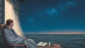 A person wrapped in a blanket sits on a porch at night, gazing at a starry sky. An open book and a mug rest on a nearby table, with soft light glowing from the doorway behind them. STG-Health