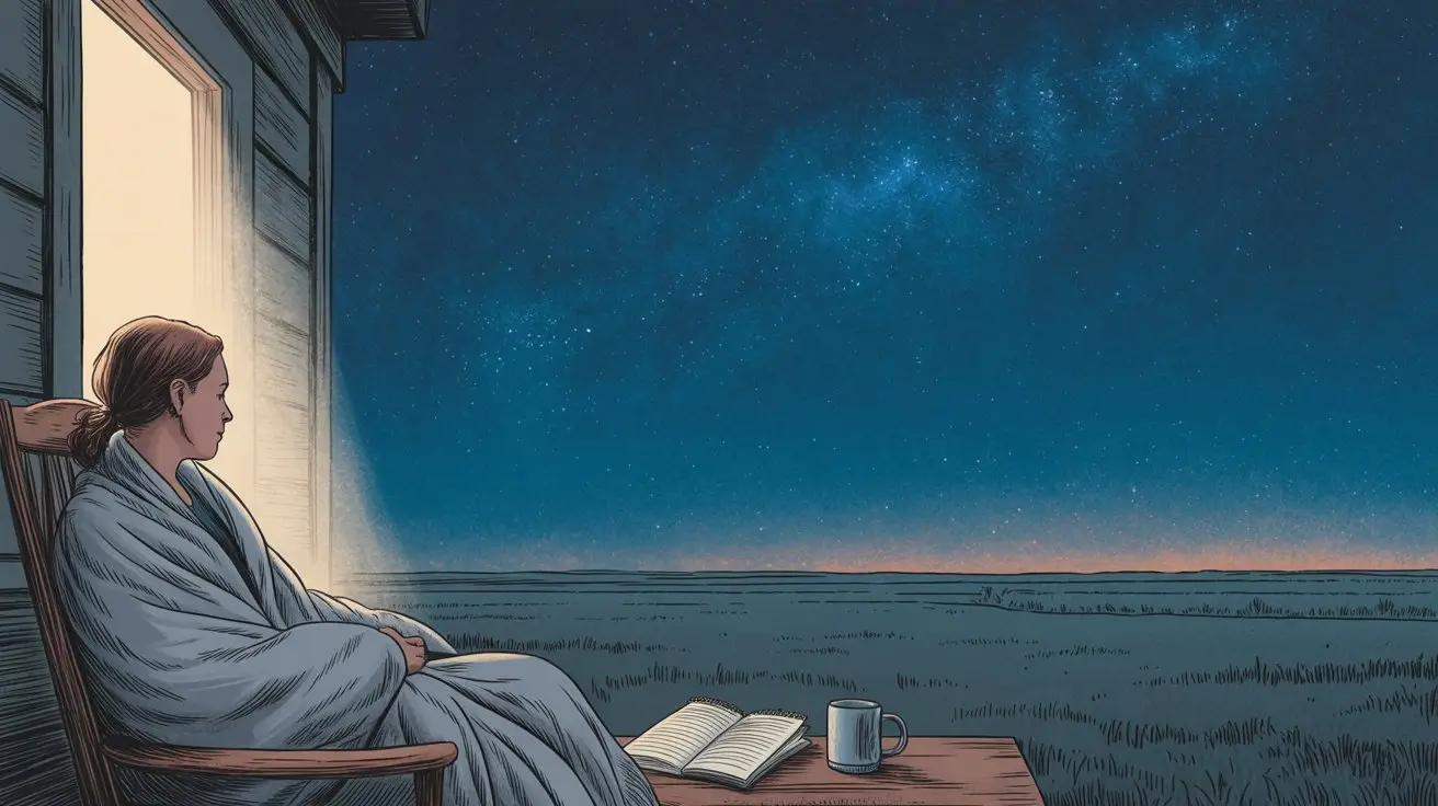 A person wrapped in a blanket sits on a porch at night, gazing at a starry sky. An open book and a mug rest on a nearby table, with soft light glowing from the doorway behind them. STG-Health