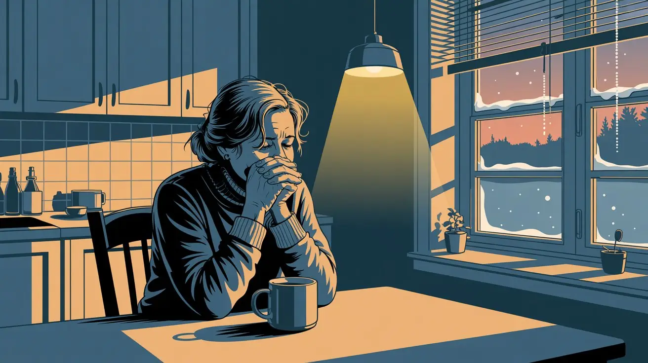 An older woman sits alone at a kitchen table with a mug, resting her head on her clasped hands, looking thoughtful. Warm light shines on her, and a snowy evening scene is visible through the window. STG-Health